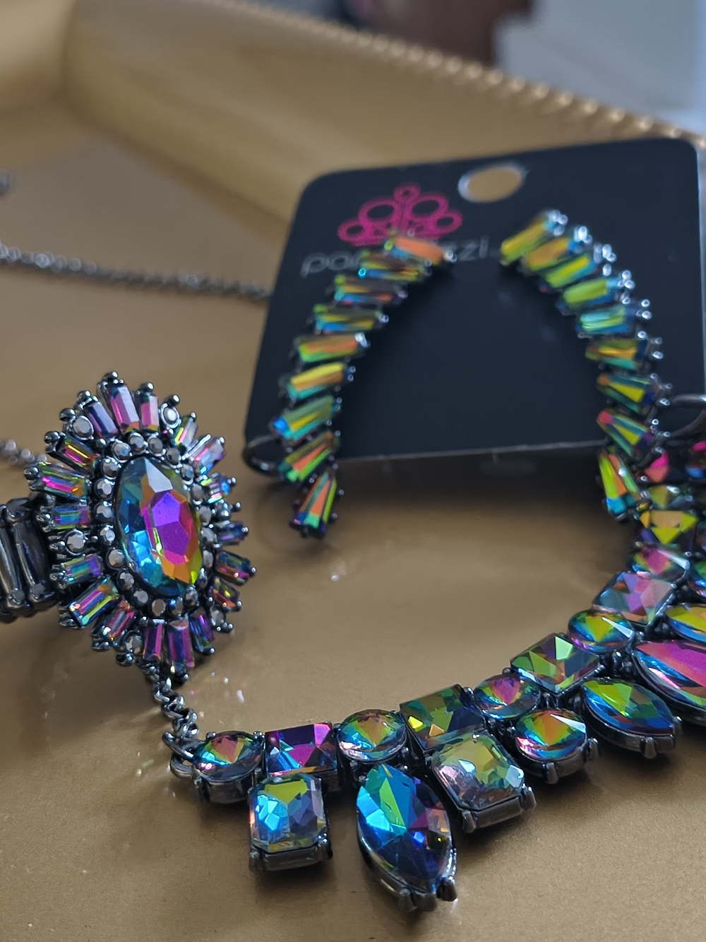 Paparazzi Multicolor Aurora Crystal Necklace and Ring Set    Oil Spill